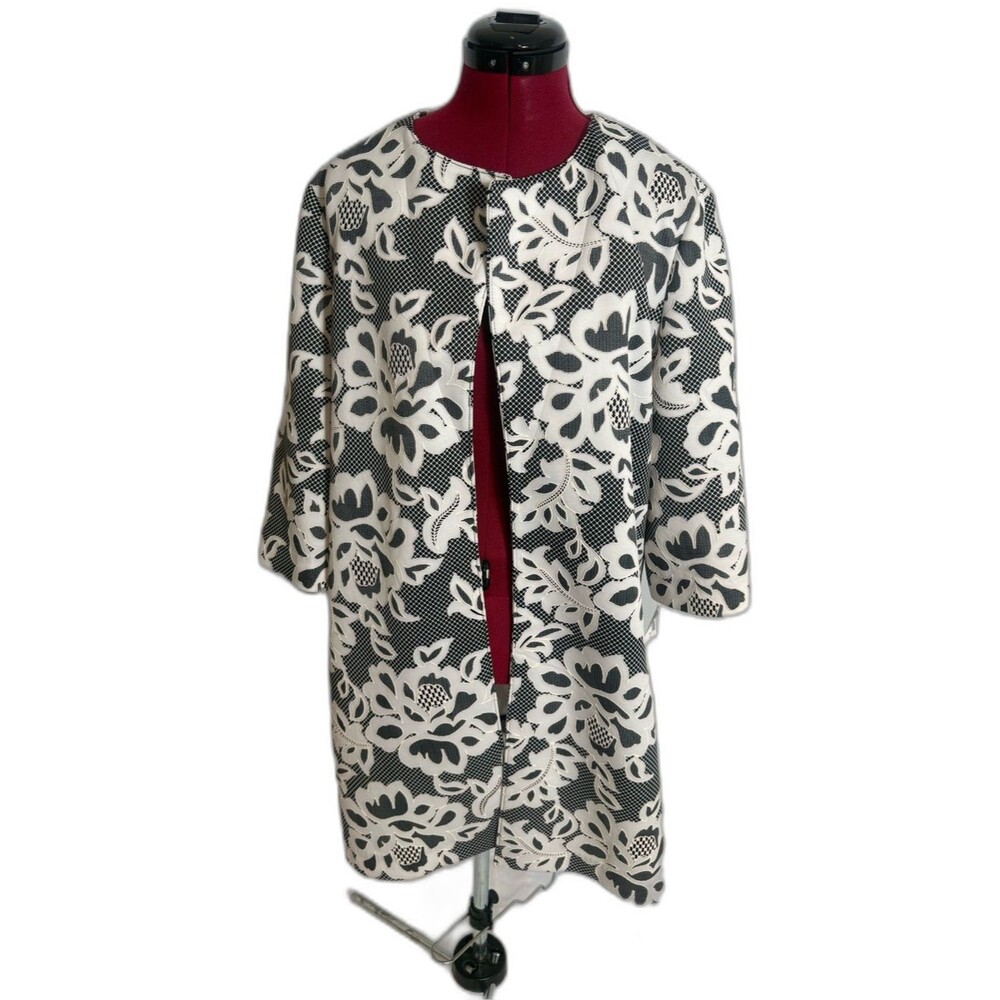 NWT Dressbarn Open Front Blazer Women Size Large Black & White Floral Jacquard
